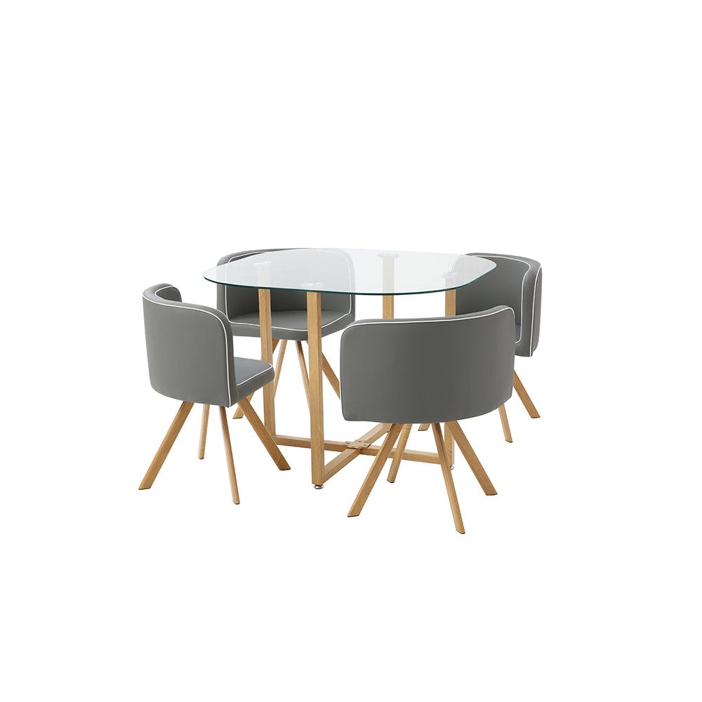 JUEGO COMEDOR VIDRIO YAMATA GRIS CLARO Y MADERA 4 SILLAS 100X100X75CM