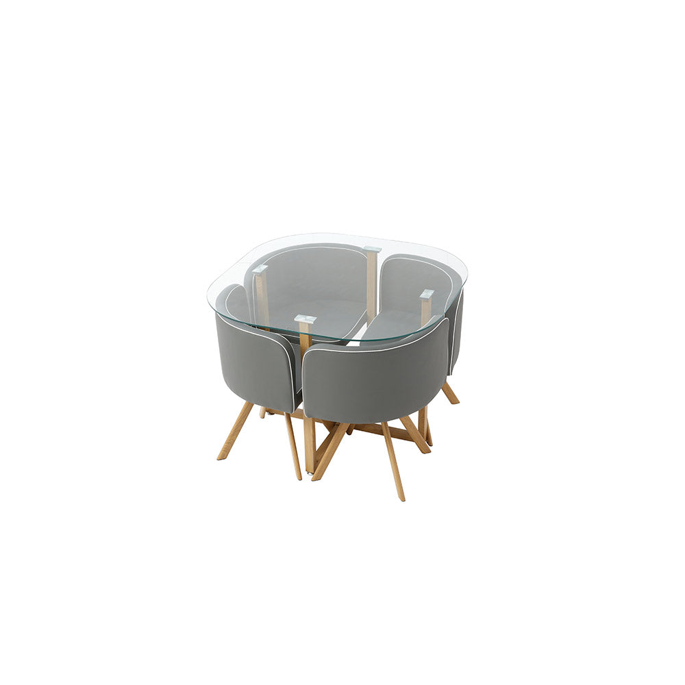 JUEGO COMEDOR VIDRIO YAMATA GRIS CLARO Y MADERA 4 SILLAS 100X100X75CM