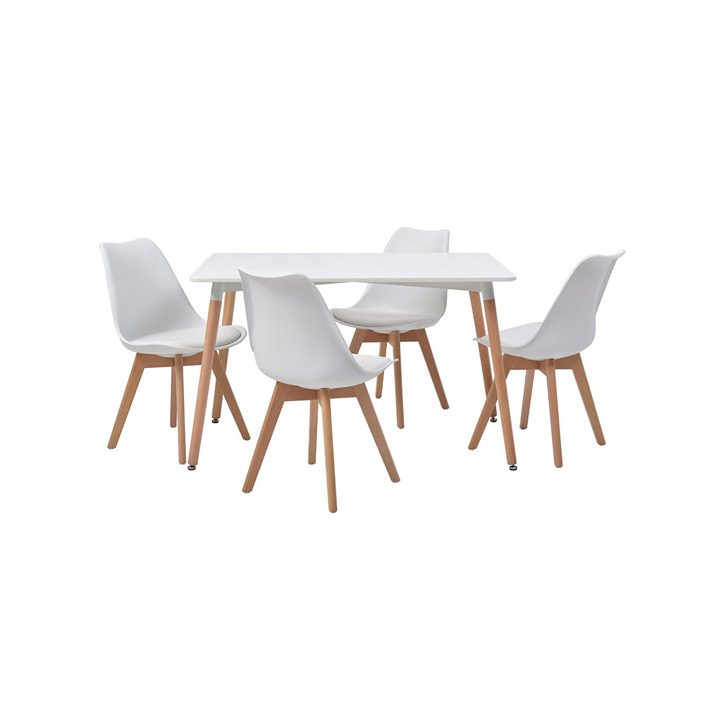 JUEGO COMEDOR ABAGIZAL BLANCO 4 SILLAS ASIENTO CUERO 120X80X75CM