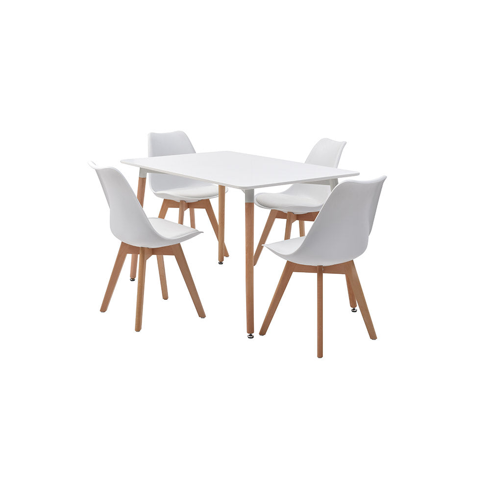 JUEGO COMEDOR ABAGIZAL BLANCO 4 SILLAS ASIENTO CUERO 120X80X75CM