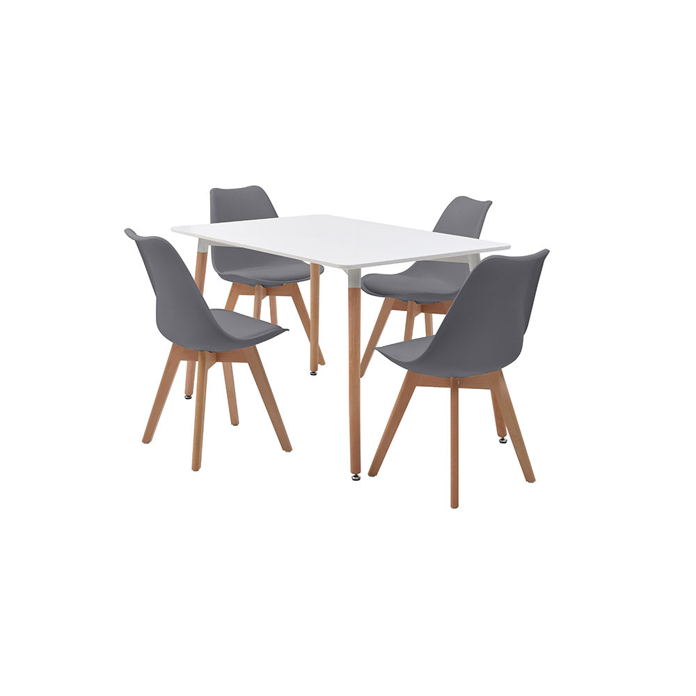 JUEGO COMEDOR ABAGIZAL BLANCO Y GRIS 4 SILLAS ASIENTO CUERO 120X80X75CM